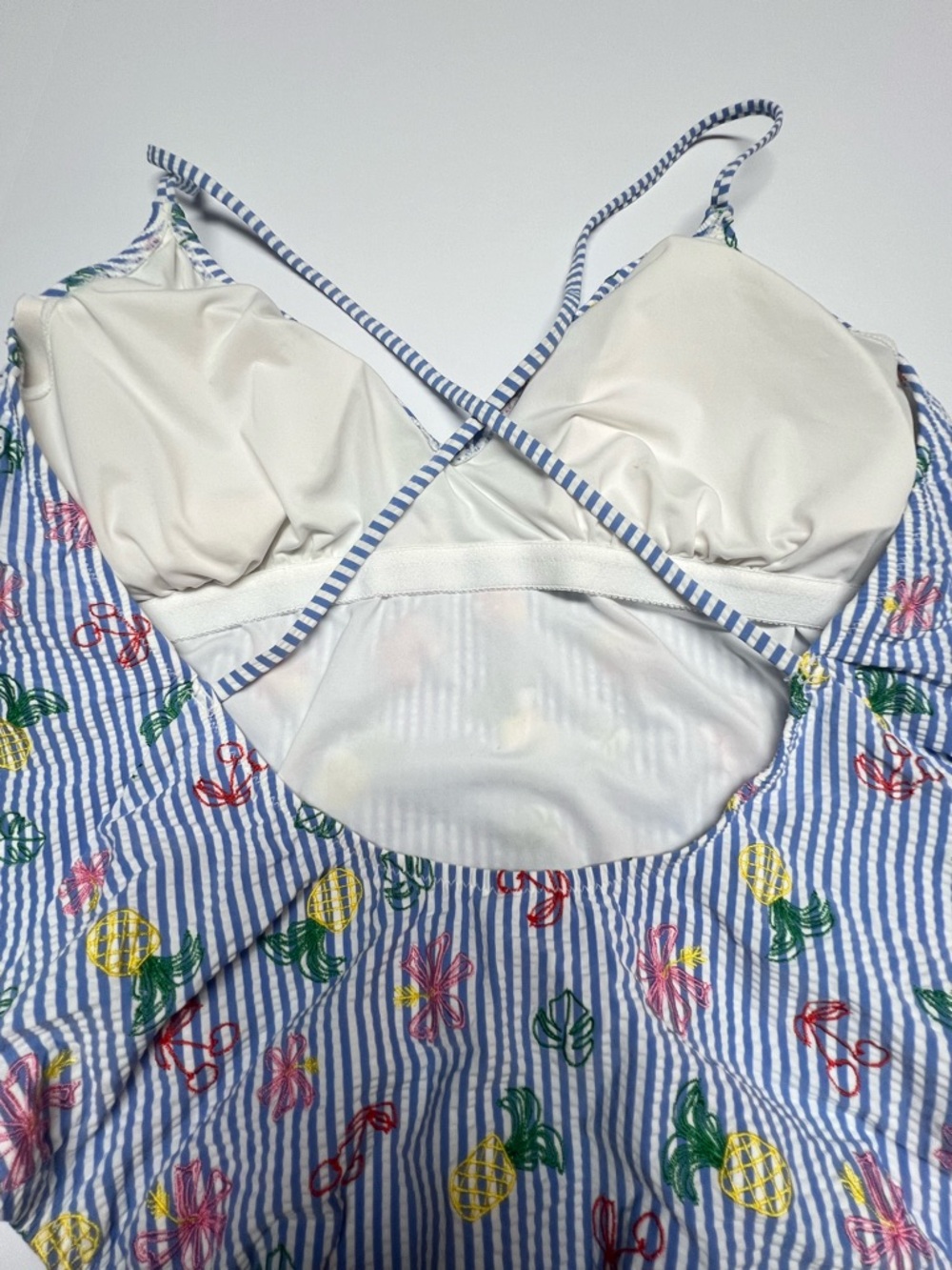 J. CREW NWT One Piece Swimsuit Size 12 Blue White Seersucker Criss Cross Back - Picture 6 of 11